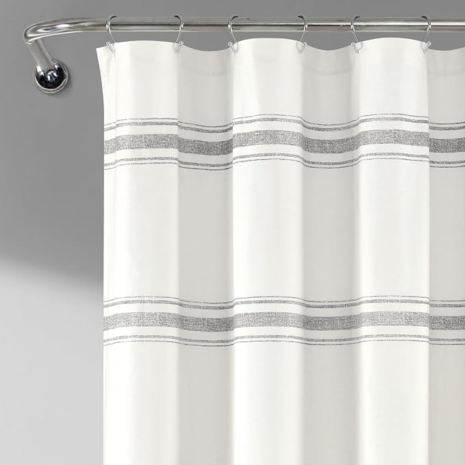 Lush Decor Farmhouse Stripe Cotton Shower Curtain, 72" W x 72" L, Gray - Striped Bathroom Curtain - Fabric Shower Curtains - Farmhouse Bathroom Decor