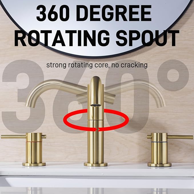 Brushed Gold 8 Inch Widespread Bathroom Faucet, 2-Handle Brass Vanity Sink Faucet 3 Hole with Metal Overflow Drain and cUPC Waterlines, 360-Degree Swivel Spout