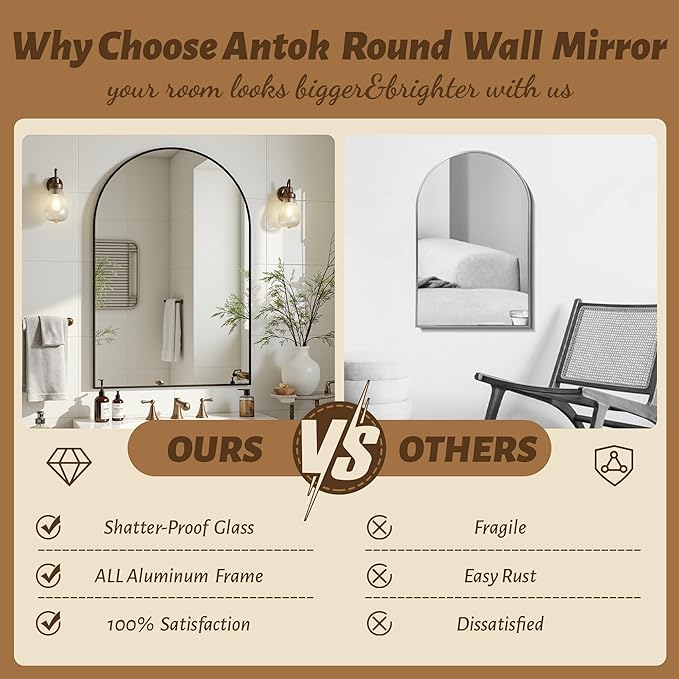 Antok Arched Bathroom Mirror, 20"x30" Wall Mounted Mirror, Vanity Mirrors for Over Sink, Aluminum Alloy Frame Bathroom Mirrors Living Room, Bedroom and Entryway, Black