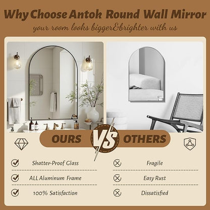 Antok Arched Bathroom Mirror, 20"x30" Wall Mounted Mirror, Vanity Mirrors for Over Sink, Aluminum Alloy Frame Bathroom Mirrors Living Room, Bedroom and Entryway, Black