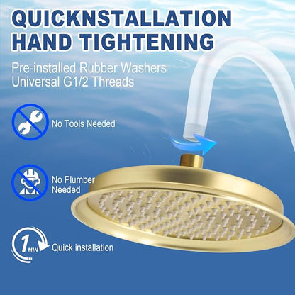 Single Round Rain Shower Head, 9 inches High-Pressure Rainfall Showerhead with Silicone Nozzle, Modern Bathroom Vintage Shower Overhead Heads (Brushed Gold, Stainless Steel Thickness)