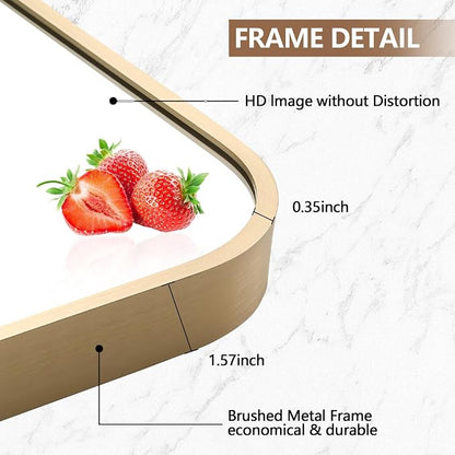 Gold Mirror, 16x24 Inch Framed Rectangle Mirror with Rounded Corner, Brushed Brass Mirror, Gold Bathroom Mirror for Over Sink, Vanity, Living Room, Bedroom, Horizontal/Vertical