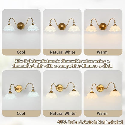 Vintage Bathroom Vanity Light, 2-Light Matte Brass Finish Vanity Light with Floral White Glass Shades, Retro Wall Sconce for Bathroom, Dressing Table