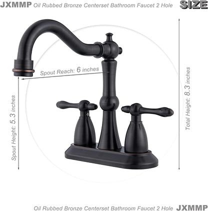 Oil Rubbed Bronze Antique Bathroom Faucet 2 Hole, Stainless Steel Centerset 4 inch Bathroom Faucet 2 Handle with Drain and Supply Hose, Brushed Bronze Faucet for Bathroom Sink
