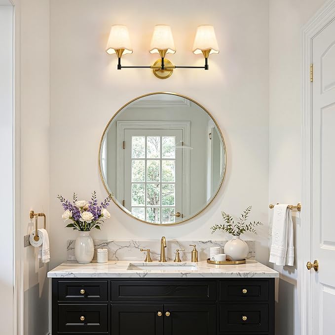 Black Gold Bathroom Vanity Light: 3 Light Vanity Lighting Fixtures with Flared Fabric Shade, Farmhouse Bathroom Lighting Fixtures over Mirror, Wall Sconce Lights for Bedroom Hallway Living Room