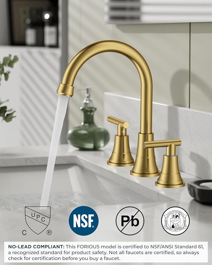 FORIOUS Gold Bathroom facuet 3 Hole, 8 Inch Wide Gold Vanity Faucet 3 Holes | brushed gold widespread bathroom faucet 3 Pieces, 8 Inch Gold Faucet Bathroom for Sink Three Hole with Water-Saving Aerator