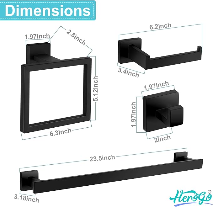 Herogo 5 Pieces Bathroom Accessories Set, 23.5 Inch Matte Black Bathroom Hardware Set, Including Toilet Paper Holder, Hand Towel Holder, Hooks & Ring, Bath Towel Racks Bars Wall Mount
