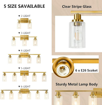 Jonsi Brushed Gold Bathroom Light Fixtures, 6-Light Brushed Gold Vanity Light, Bathroom Vanity Light with Stripe Glass Shade, E26 Wall Sconces Over Mirror for Bathroom, Living Room, Hallway