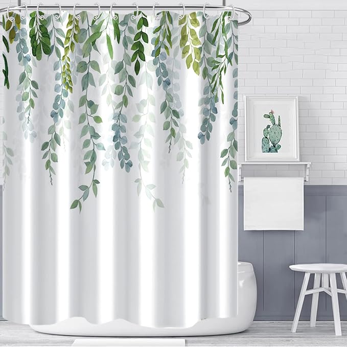 AWERT Plant Shower Curtain for Bathroom Sage Green Eucalyptus Waterproof Quick-Drying Green Leaves Shower Curtain Set with Hooks 60x72 Inch