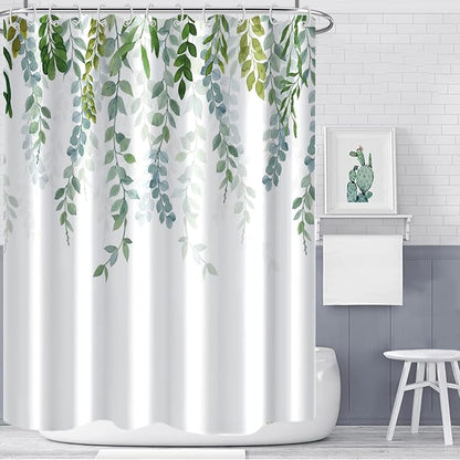 AWERT Plant Shower Curtain for Bathroom Sage Green Eucalyptus Waterproof Quick-Drying Green Leaves Shower Curtain Set with Hooks 60x72 Inch
