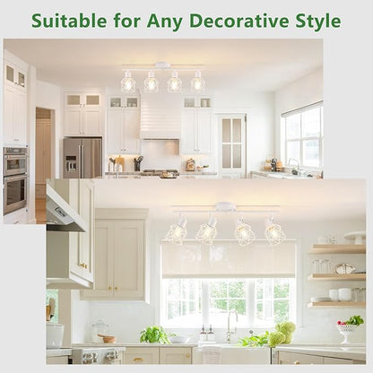 4-Lights Kitchen Light Fixtures Ceiling Mount, Adjustable Multi-Directional White Flush Mount Ceiling Light Fixture with Metal Cage, Modern Spot Ceiling Lamp for Hallway, Dining Room, Bedroom