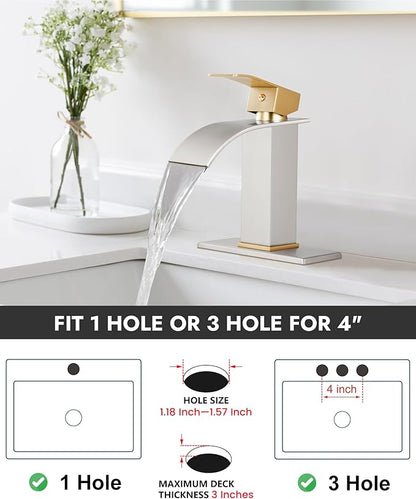Midanya Bathroom Faucet with Waterfall Spout, Single Hole or 3-Hole Deck Mount, 304 Stainless Steel Sink Faucet with Pop-Up Drain, RV Vanity Compatible,Brushed Gold Handle/Brushed Nickel
