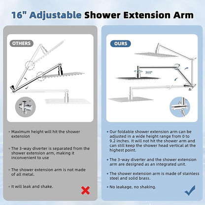 Metal Rain Shower Head with Handheld, 8“ High-Pressure Showerhead,10-Mode | Chrome, Rainfall Shower Head with 5" Large Handheld Spray, Adjustable 16" Shower Extension Arm/71" Hose, Brass 3-Way Diverter