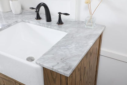 72" Pre-Assembled Bathroom Vanity with Sink, Solid Birch and MDF, Carrara White Marble Countertop Attached, Double Rectangle Porcelain Sink, 3 Soft-Close Drawers, Driftwood