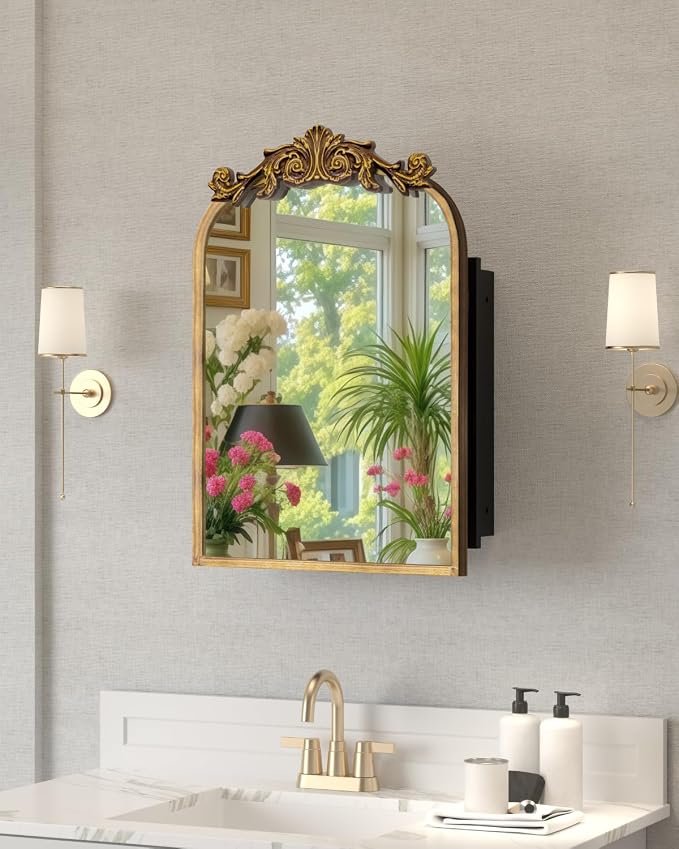 16x24 Inch Bronze Medicine Cabinet Mirror with Hand-Made Vintage Carving Flower and Aluminum Frame, Full Metal Cabinet, Recessed & Surface Mount, 2 Shelves, Arched Mirror with Storage for Bathroom