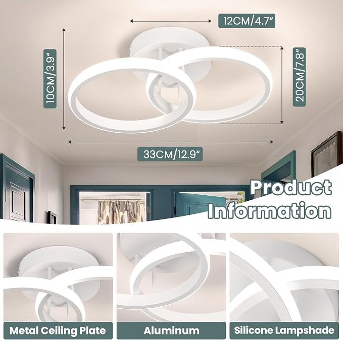 CANEOE Round Modern Led Ceiling Light Fixtures, 6000K Cool White Hallway Light Fixtures Ceiling, Bathroom Close to Ceiling Lights for Corridor Stair Aisle Lamps (White, 1 Pack)