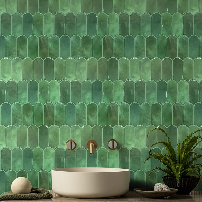 Vamos Tile Thicker Peel and Stick Backsplash Tile,Green,10-Sheet | Self Adhesive Vinyl Wall Tiles with Green Grout, Stick on Backsplash for Kitchen, Bathroom,RV,Laundry,11.1''x12''