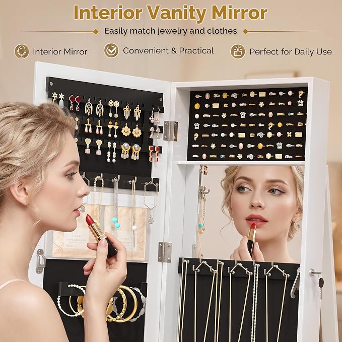 Bonnlo 360° Swivel Jewelry Mirror Cabinet with Inside Makeup Mirror,Full Length Mirror with Jewelry Storage, Lockable Standing Jewelry Armoire Organizer, Espejo Oon Almacenamiento for Bedroom,White