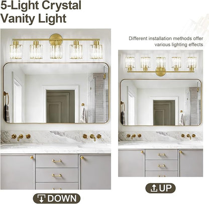 Crystal Bathroom Light Fixtures,Bathroom Lighting Fixtures Over Mirror, Modern 5-Light Gold Vanity Lights for Mirror, Restroom,Kitchen(Ceramic E26 Socket,Bulbs Not Include)