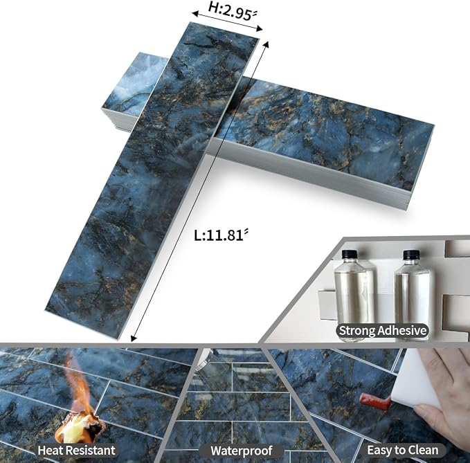 AULIGET 40-Piece Polished Blue Marble Peel and Stick Backsplash Wall Tiles, 3" x 12" PVC Faux Stone Stick on Tiles for Backsplash Kitchen, Bathroom, Laundry Room, Camper, Fireplace