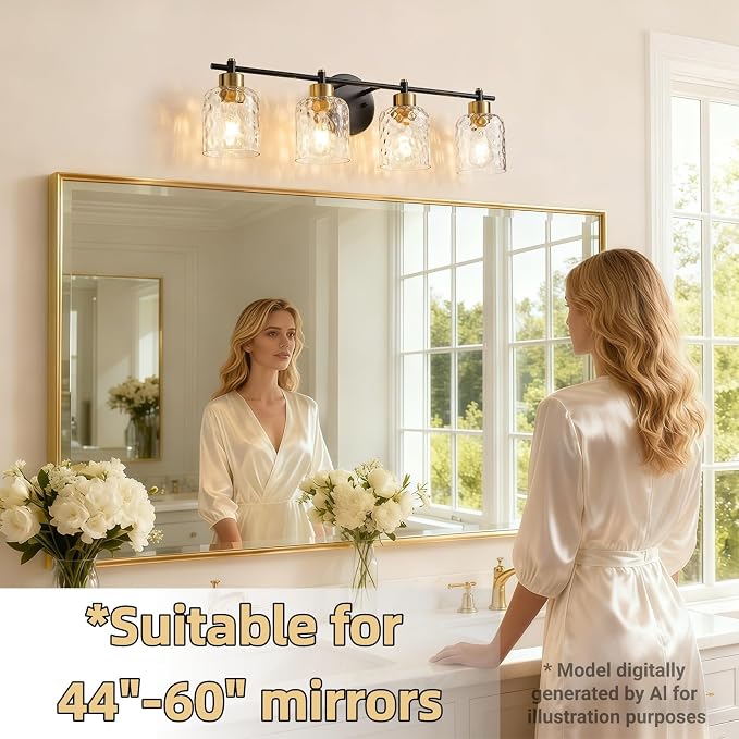 4 Light Black and Brass Bathroom Light Fixture with Hammered Glass Mirror | 30.7" Black and Gold Farmhouse Vanity Light, Vanity Lighting Fixtures, Rustic Vanity Lights for Bathroom Lights for Makeup
