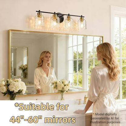 4 Light Black and Brass Bathroom Light Fixture with Hammered Glass Mirror | 30.7" Black and Gold Farmhouse Vanity Light, Vanity Lighting Fixtures, Rustic Vanity Lights for Bathroom Lights for Makeup