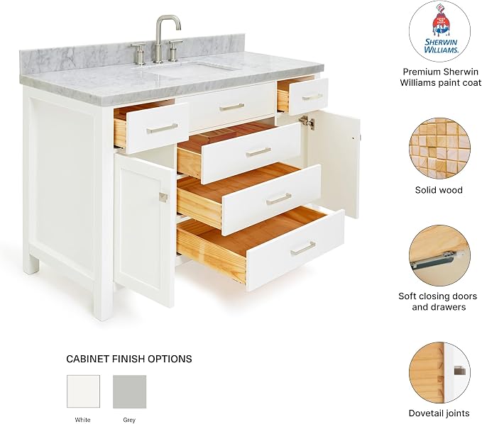 DKB Alenza 54-Inch White Bathroom Vanity with Sink, Italian Carrara Marble Countertop & Backsplash, Rectangular Undermount, 2 Soft Closing Doors, 5 Dovetail Drawers, Brushed Nickel Hardware