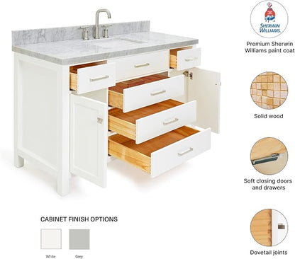 DKB Alenza 54-Inch White Bathroom Vanity with Sink, Italian Carrara Marble Countertop & Backsplash, Rectangular Undermount, 2 Soft Closing Doors, 5 Dovetail Drawers, Brushed Nickel Hardware