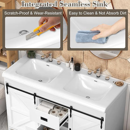 48 inch Bathroom Vanity with Sink,Double Bathroom Vanity with Sink Combo,Farmhouse Bathroom Vanity with 2 Sliding Doors&2 Drawer,White,48”*19.7“*35.5”