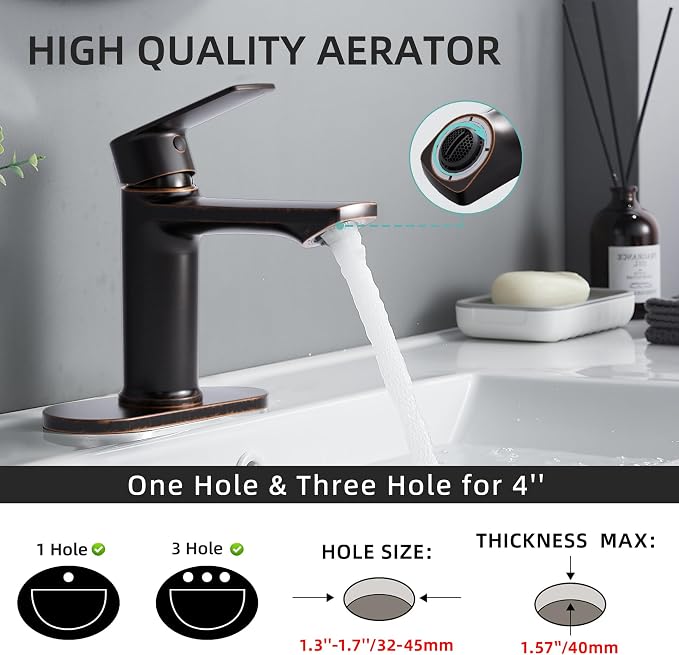 BELZ Bronze Bathroom Faucet, Lead-Free 1 or 3 Hole (4") Vanity Sink Faucet | NSF372 Certified, Rustproof & Splash-proof Aerator, Single Handle Modern Design with Pop-up drain & Hoses, Easy DIY Install