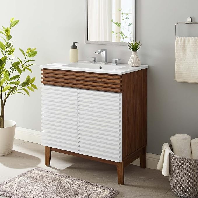 Modway Render 30" Bathroom Vanity With Sink in White Walnut White
