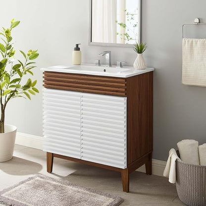 Modway Render 30" Bathroom Vanity With Sink in White Walnut White
