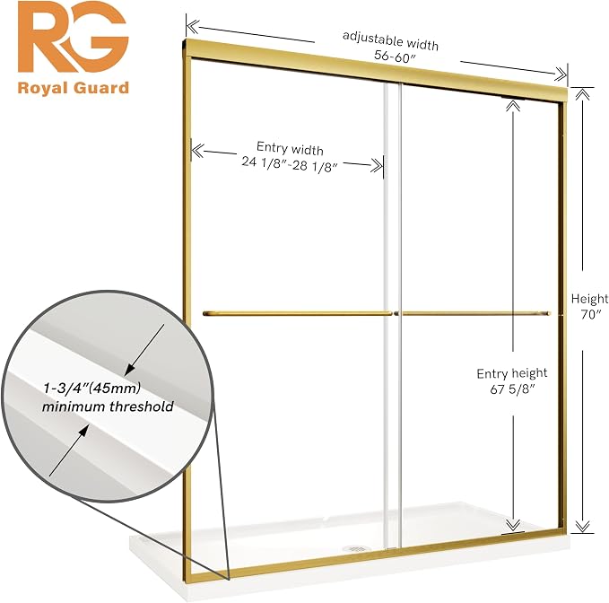 Royal Guard Double Sliding Shower Door,56-60" W x 70" H，Brush Gold | Shower Doors with 6mm Clear SGCC Tempered Glass,Bypass Shower Enclosure,Nano Coating Easy Clean&Waterproof&Adjustable Width