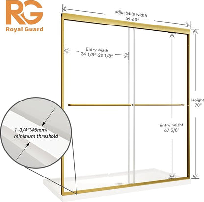 Royal Guard Double Sliding Shower Door,56-60" W x 70" H，Brush Gold | Shower Doors with 6mm Clear SGCC Tempered Glass,Bypass Shower Enclosure,Nano Coating Easy Clean&Waterproof&Adjustable Width