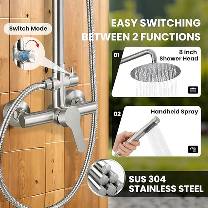 gotonovo Outdoor Shower Kit 304 Stainless Steel, Brushed Nickel, 8 Inch | Rain Outdoor Shower Head and Handle Set Fixture System Faucet, Exposed Wall Mounted, for Outside Yard Pool Seaside/Indoor
