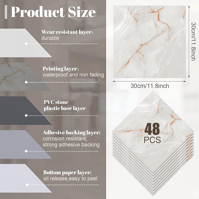 Spiareal 48 Pieces Peel and Stick Floor Tiles Vinyl Flooring 12 x 12 Inch Stick on Floor Tile Self Adhesive Waterproof DIY for Bathroom Kitchen Bedroom Living Room(Stylish)
