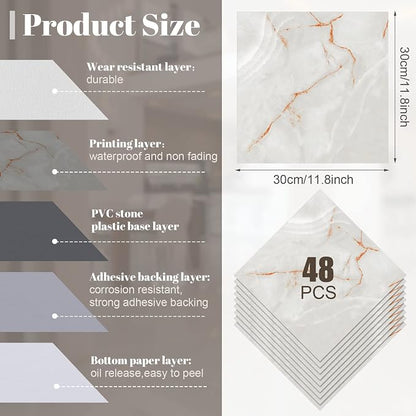 Spiareal 48 Pieces Peel and Stick Floor Tiles Vinyl Flooring 12 x 12 Inch Stick on Floor Tile Self Adhesive Waterproof DIY for Bathroom Kitchen Bedroom Living Room(Stylish)