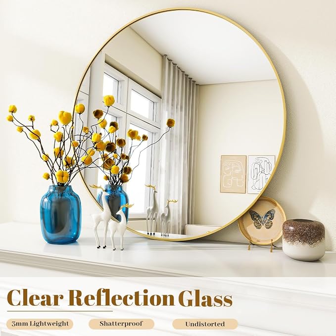 Gold Round Bathroom Mirror 30", Thin Metal Frame Wall Mirror | Circle Vanity Mirror for Over Sink, Hanging or Leaning Decor for Hallway, Entryway, Fireplace Mantel, Living Room