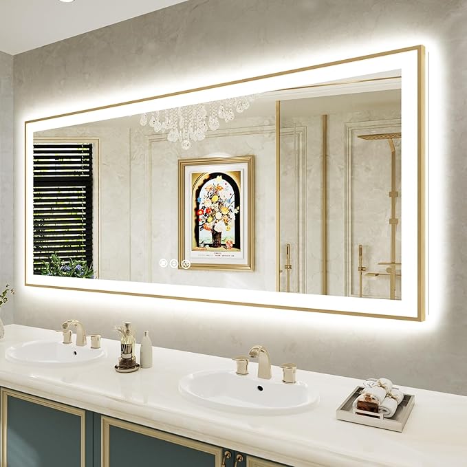 72x32 Inch LED Bathroom Mirror with Lights (Front Lit and Backlit) Gold Framed Lighted Vanity Mirror for Bathroom Wall Dimmable Anti-Fog Memory Tempered Glass Horizontal/Vertical