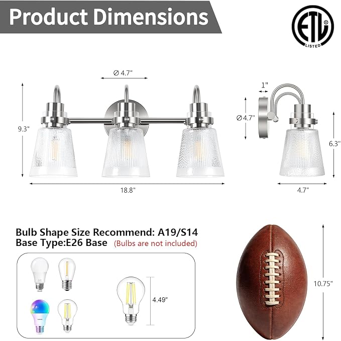 Brushed Nickel Bathroom Light Fixtures, 18.8 Inch Modern Vintage Vanity Lights with Clear Striped Glass Shade, 3-Light Bathroom Wall Sconce Over Mirror for Entryway Bedroom