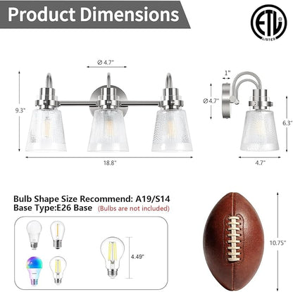 Brushed Nickel Bathroom Light Fixtures, 18.8 Inch Modern Vintage Vanity Lights with Clear Striped Glass Shade, 3-Light Bathroom Wall Sconce Over Mirror for Entryway Bedroom