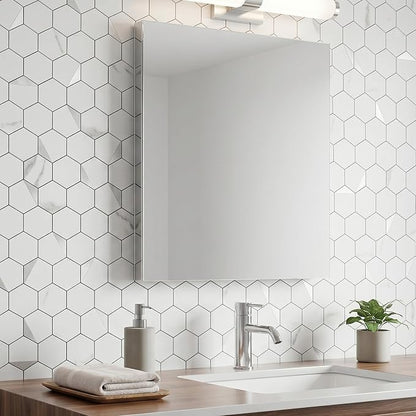 20-Sheet Hexagon Peel and Stick Backsplash Tile,12.2x11.54inches Marble White Mixed Silver Metal 3D PVC Wall Tiles Stick on Backsplash for Kitchen and Bathroom