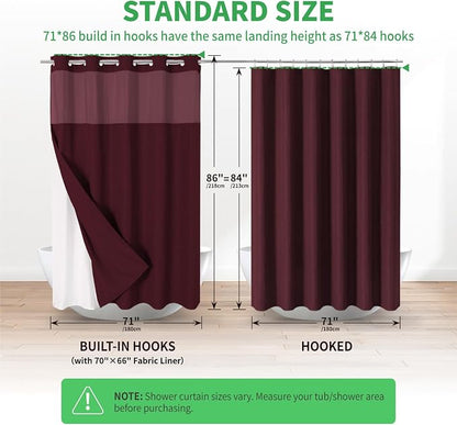 eachope No Hook Fabric Shower Curtain with Snap-in Liner,71x86 Burgundy | Extra Long,Linen Texture,230GSM Thick Fabric,Mesh Window,Bottom Magnetic,Waterproof & Machine Washable,for Bathroom,Hotel Use