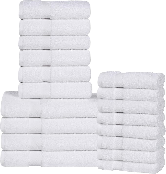 Superior 18-Piece Cotton Assorted Towel Set, Includes 8 Face Towel, 6 Hand, and 4 Bath Towels, Home, Bathroom, Guest Bath Essentials, Quick Dry, Absorbent, Franklin Collection - White