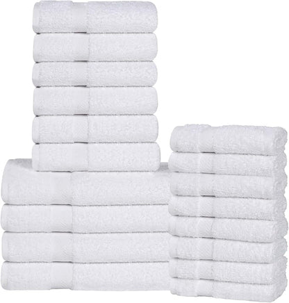 Superior 18-Piece Cotton Assorted Towel Set, Includes 8 Face Towel, 6 Hand, and 4 Bath Towels, Home, Bathroom, Guest Bath Essentials, Quick Dry, Absorbent, Franklin Collection - White