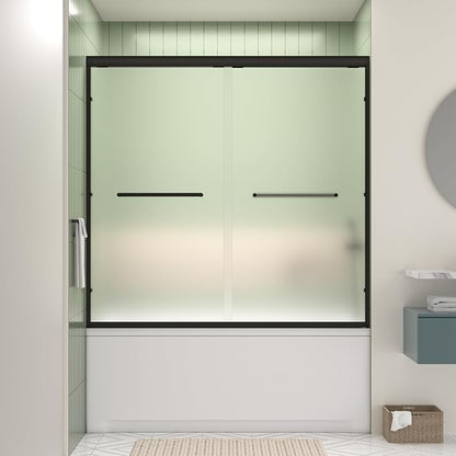 ACE DECOR Double Sliding Shower Door for Bathtub,Frosted&Matte Black Finish | Bypass Shower Doors for Walk-in&Bathtub Use, 6mm Frosted SGCC Tempered Glass, Easy-Clean Nano Coating&Reversible Installation
