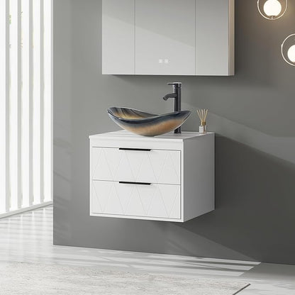 eclife 24" Floating Bathroom Vanities with Sink Combo, Wall Mounted Modern Cabinet W/Diamond Line Pattern Design, Champagne Boat Glass Vessel Sink W/Water Save Faucet & Pop Up Drain, White