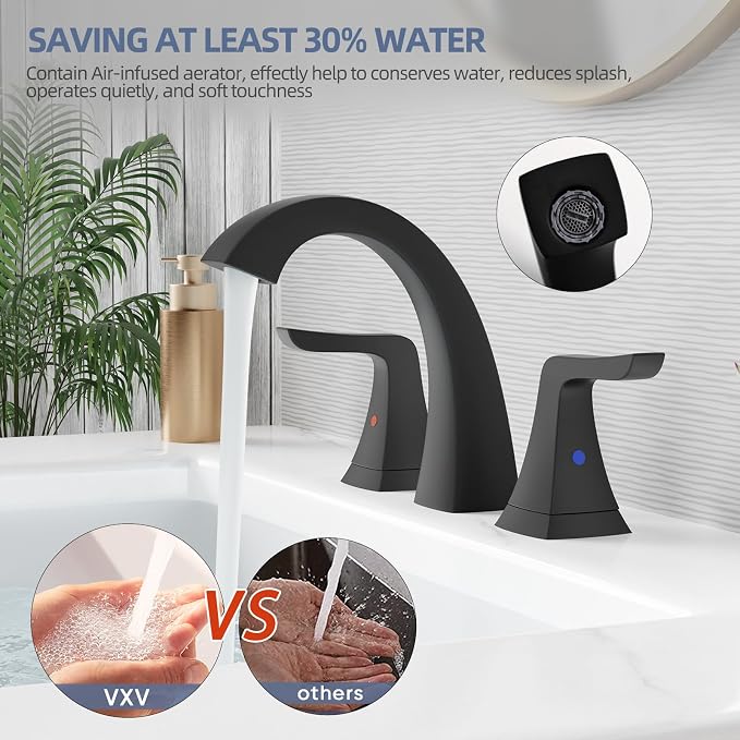 VXV Matte Black Bathroom Sink Faucet 3 Hole Widespread, 8 Inch Vanity Faucet with Pop-Up Drain & Pre-Attached Supply Lines for Easy DIY Installation, Faucet for Bathroom Sink, RV