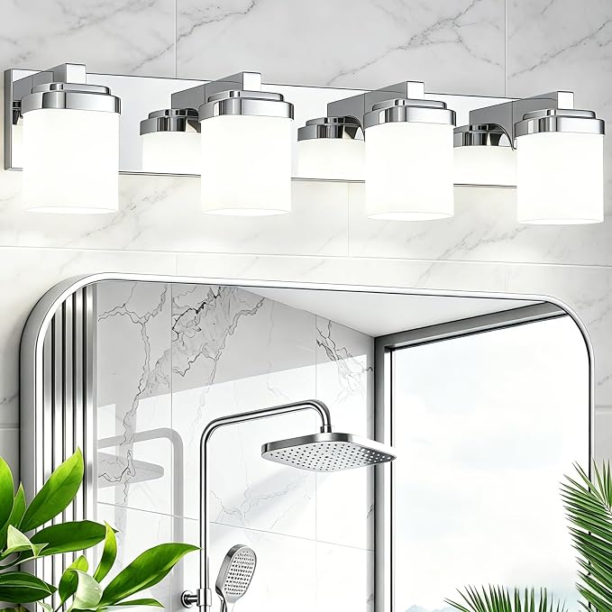 Modern Bathroom Vanity Lights, Bathroom Light Fixtures Over Mirror | 4-light chrome light fixture bathroom with milky white square glass shade, 29" farmhouse lighting fixtures lights for wall
