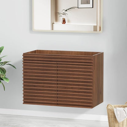 ROOMTEC 36" Bathroom Vanity, Mid-Century Wall Mounted Floating Cabinet with 2 Closing Doors, Wood Grain Texture, Walnut (Sink Basin Not Included)